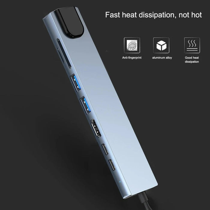 USB‑C 8‑in‑1 Hub — HDMI 4K@30Hz, 100W PD, RJ45 100Mbps, Dual SD/TF, USB 3.0