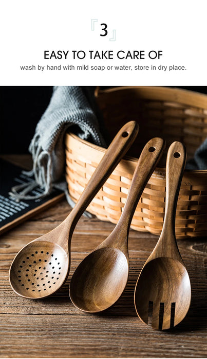 9-Piece Teak Wooden Kitchen Utensil Set with Holder