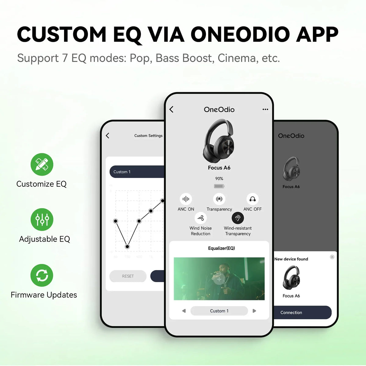 OneOdio app screens showing custom equaliser and listening mode controls