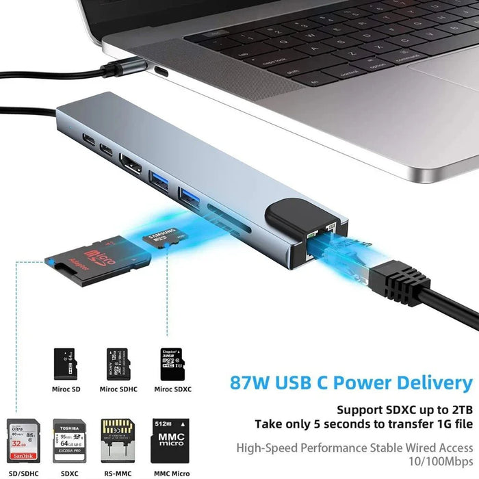 USB‑C 8‑in‑1 Hub — HDMI 4K@30Hz, 100W PD, RJ45 100Mbps, Dual SD/TF, USB 3.0