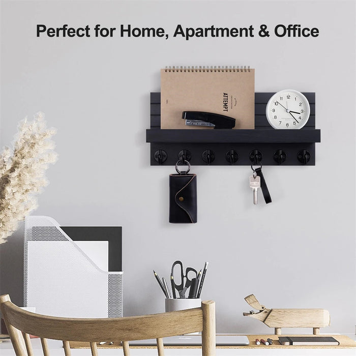 Wood Wall-Mounted Key & Mail Holder with 7 Hooks and Shelf