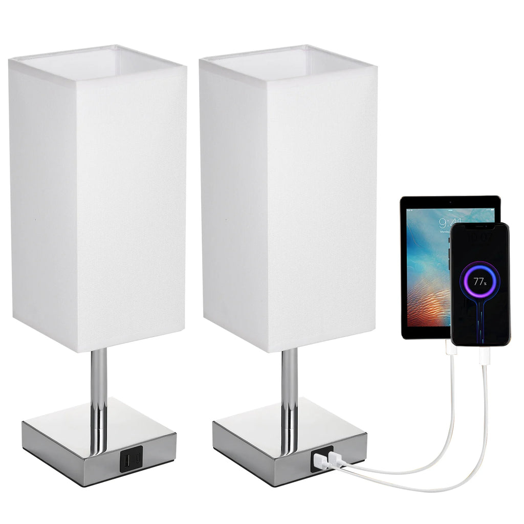 Bedside Table Lamp with Fabric Shade - Warm White LED Bulb, Touch Control, Desk Light, USB A and Type-C Charging Ports - Ideal for Nightstands, Work Desks and Study Areas - Single Lamp