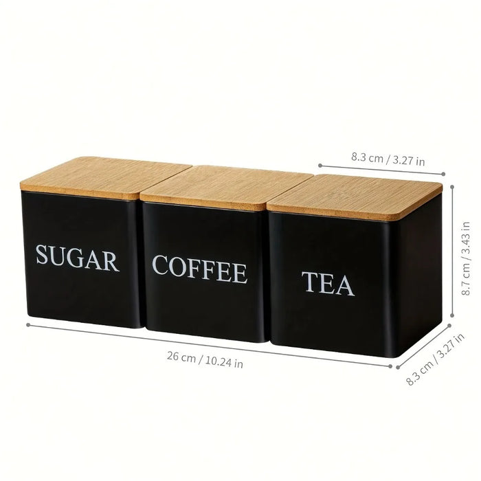 Set of 3 Metal Canisters with Bamboo Lids – 500ml Coffee, Tea & Sugar (Black or White)