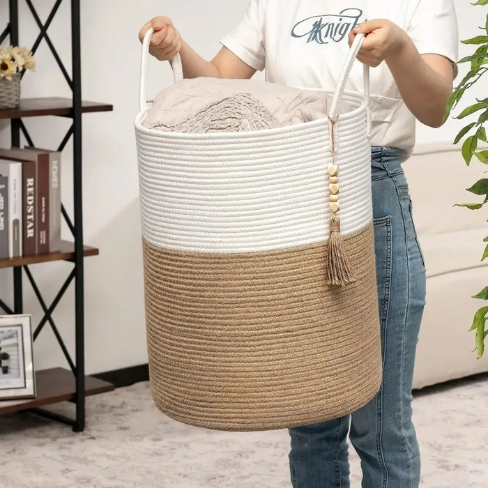 Large Tall Woven Storage Basket – Foldable Cotton Rope Laundry Hamper
