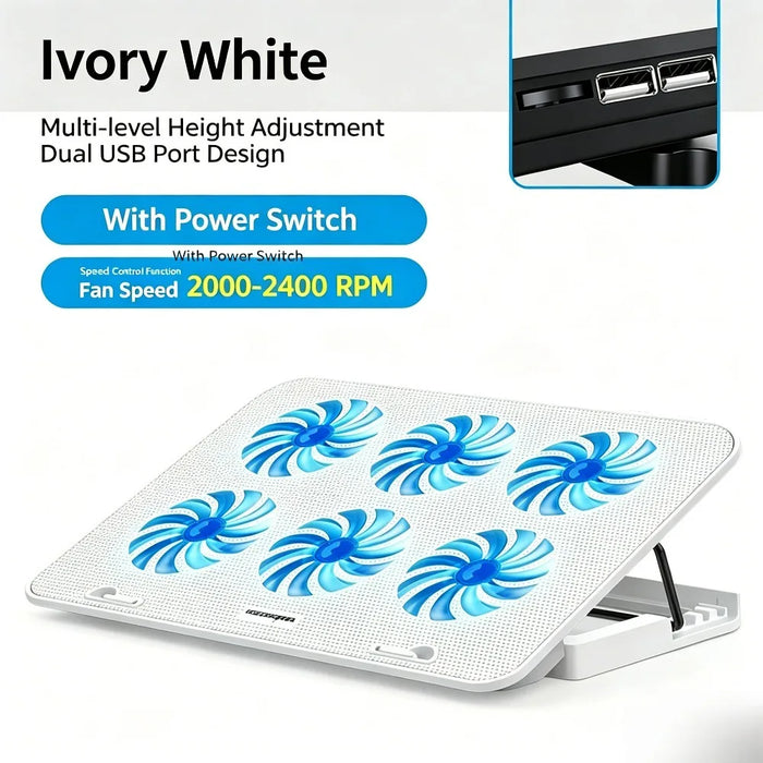 6-Fan Laptop Cooling Pad — 5-Level Adjustable Stand for 12–18-inch Laptops, Quiet USB Powered