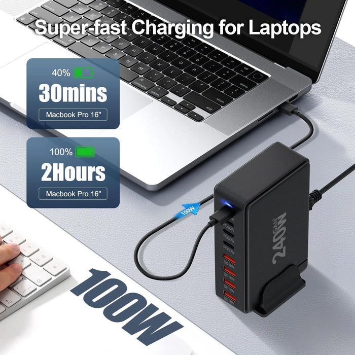 240W 6‑Port GaN PD Charger — 4 Type‑C & 2 USB‑A, Travel USB Tower for iPhone, iPad & MacBook
