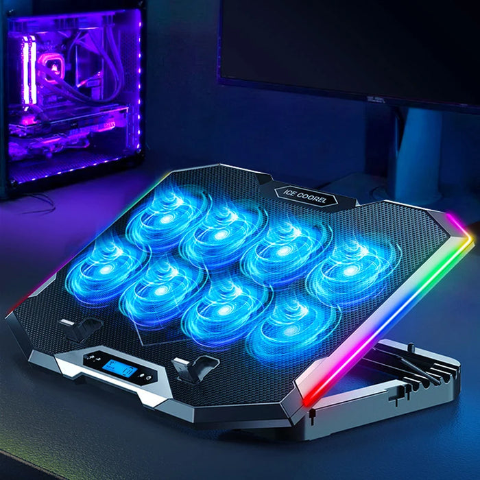 RGB Laptop Cooling Pad for 12–18 inch Laptops — 8 Fans, 3500 RPM, LCD Speed Control, 2 USB Ports