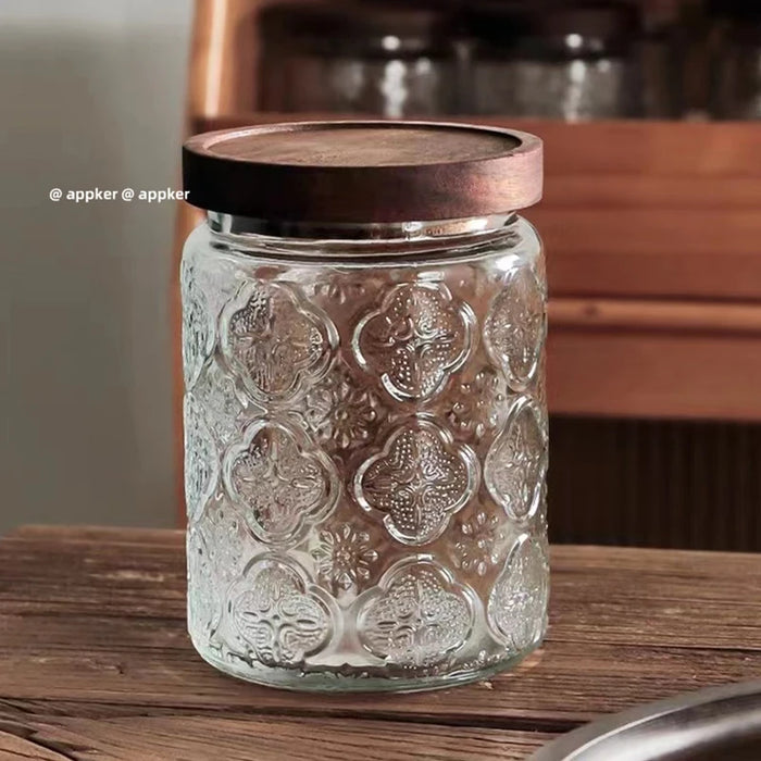 Vintage Glass Canister with Wooden Lid — Airtight Embossed Jar (M)
