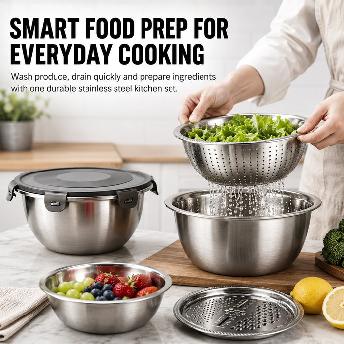 4-in-1 Stainless Steel Mixing Bowl Set – Grater Lid, Colander & Airtight Cover (Stovetop Safe)