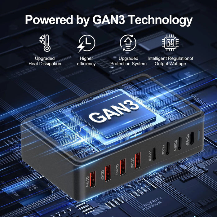 240W 6‑Port GaN PD Charger — 4 Type‑C & 2 USB‑A, Travel USB Tower for iPhone, iPad & MacBook