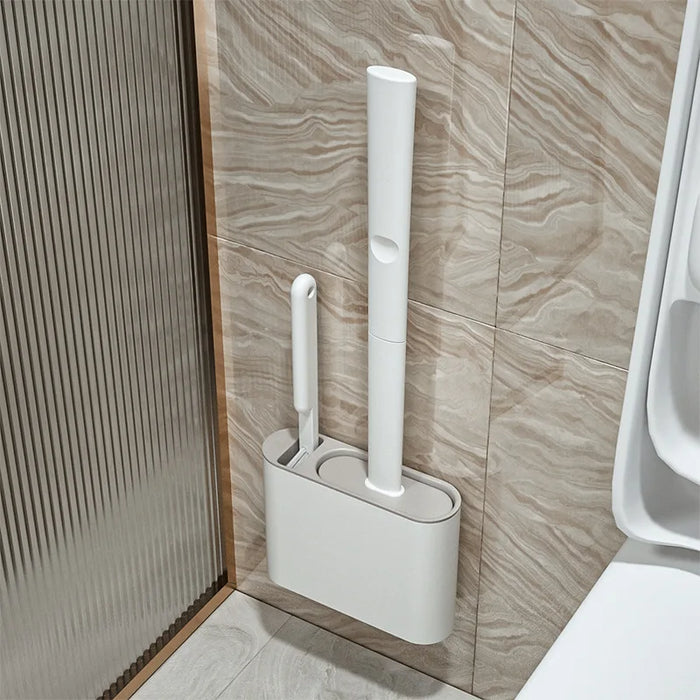 Silicone Toilet Brush with Flat Flexible Head and Wall-Mounted Holder — Dark Grey