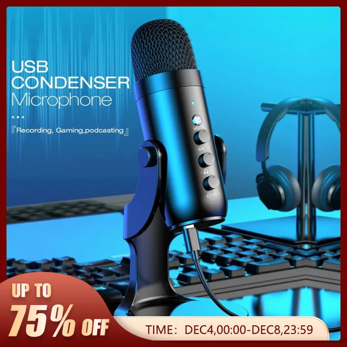PC Mac Gaming USB Microphone - Condenser Mic with Phone Adapter, Headphone Output for Recording & Streaming - Ideal for Podcasting and Computer Use