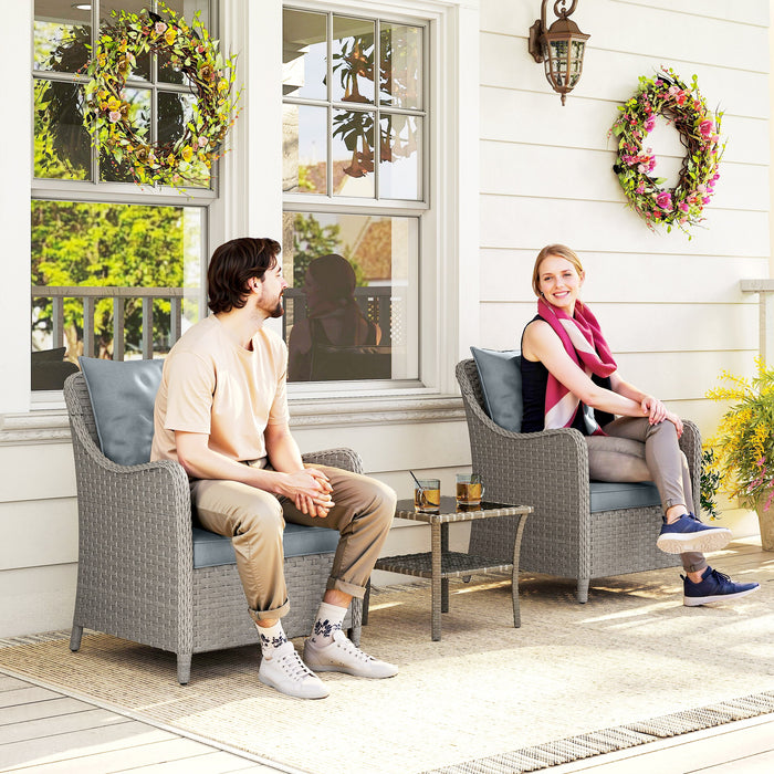 Outsunny Rattan Garden Chairs Set of 2, Outdoor Rattan Chairs with Cushions, Armrests and High Back, PE Wicker Garden Armchair with Steel Frame for Balcony, Porch, Light Grey