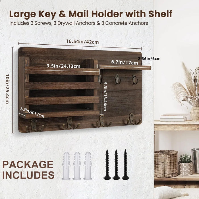 Rustic Wood Wall Mail Organiser with Key Hooks and Floating Shelf