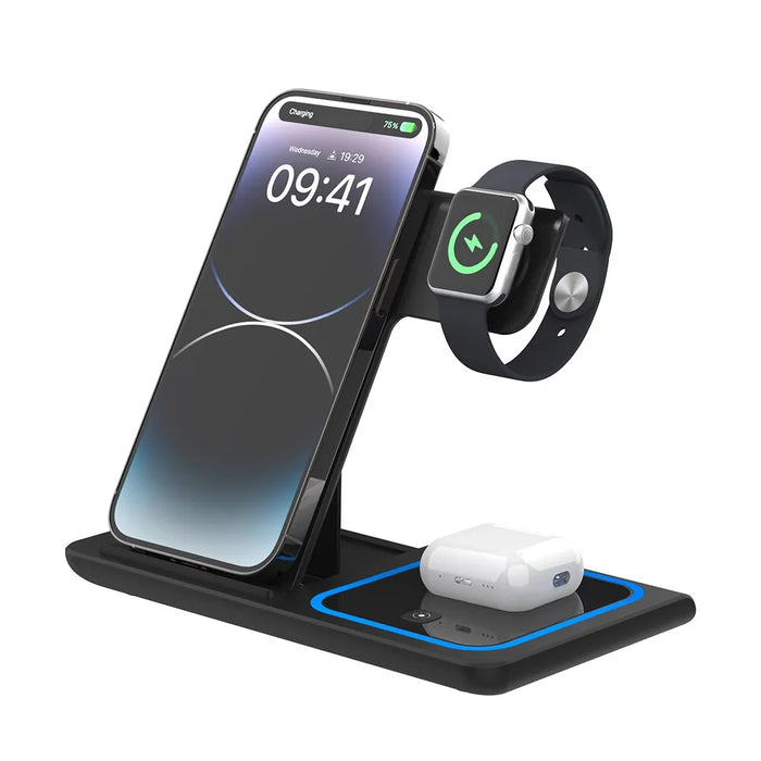 Foldable 3-In-1 Wireless Charging Station - Mobile Phone Holder and Charger For iPhone 14/13/12/11/XS Max/XR/X/8, Apple Watch, AirPods - Ideal Accessory for Apple users