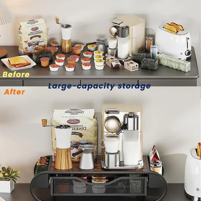 Coffee Pod Drawer Holder for K‑Cup – Metal Pull‑Out Storage with Side Baskets