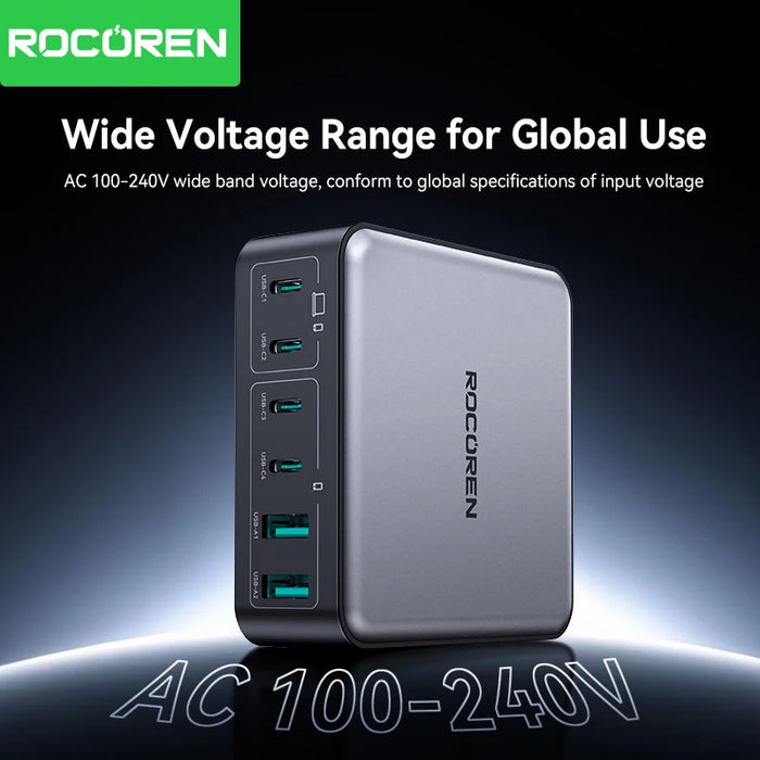 200W GaN 6-in-1 Desktop USB-C PD Charger — 4× USB-C, 2× USB-A