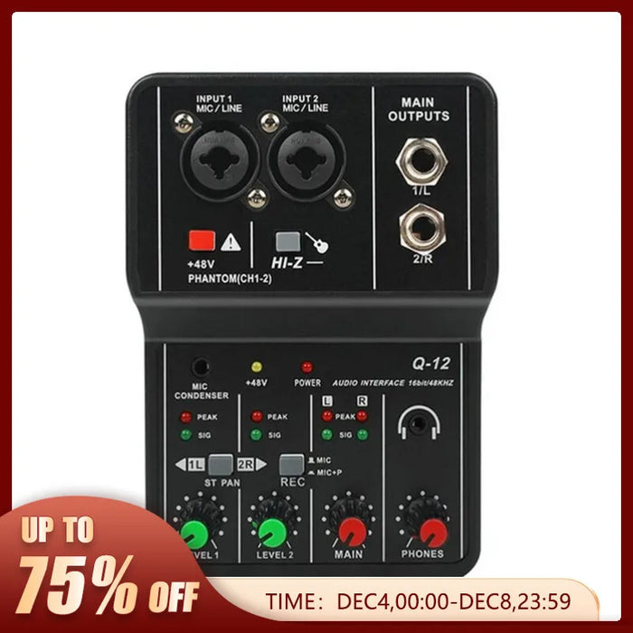 Q-12 Professional - Portable Mixer Sound Card with Studio and Live Broadcast Recording Features - Ideal for Electric Guitar, Studio Singing and Computer PC Users
