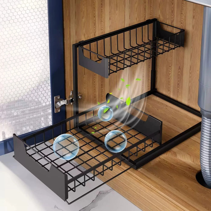 Under‑sink 2‑Tier Pull‑Out Storage Organiser – 36×27×28cm, Black or White