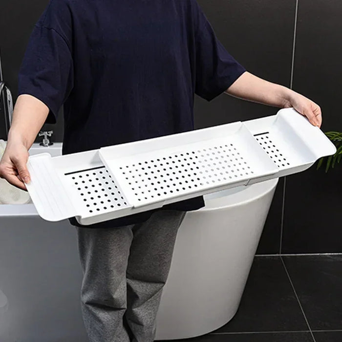 Extendable Bathtub Tray – Retractable Bath Shelf & Towel Holder (White/Black)