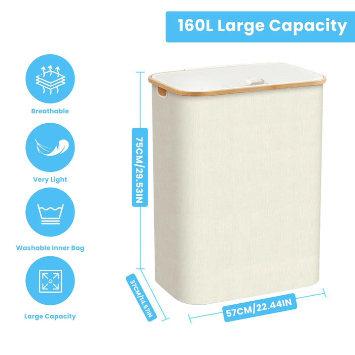 Slim Laundry Hamper — 100L or 160L Bamboo Basket with Removable Washable Bag & Handles