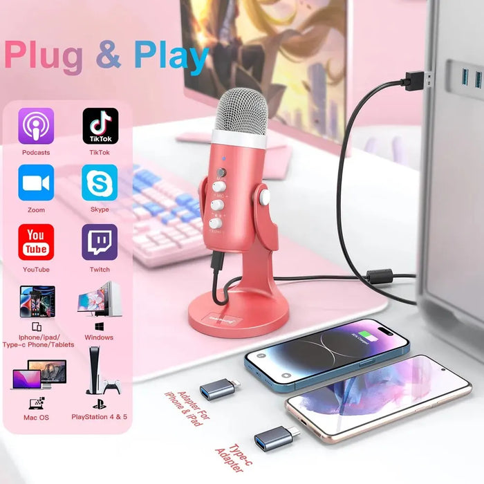 USB Condenser Microphone — Pink Studio Mic for PC, Mac, Phone, Streaming & Podcasting