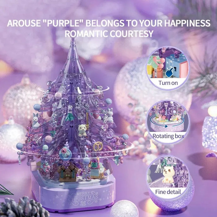 729PCS Purple Crystal Christmas Tree Music Box - Building Blocks Kits with LED Light, Innovative Home Decor - Ideal Holiday Gift for Kids and Creative Individuals