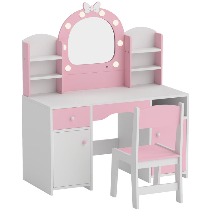 AIYAPLAY Kids Vanity Set, Girls Dressing Table with Stool, 2-Colour Lights Mirror, Cabinet, Drawer and Shelves, Pink