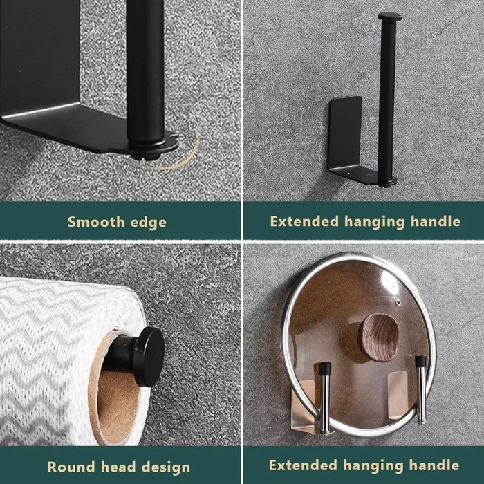 Adhesive Stainless Steel Paper Towel & Toilet Roll Holder — Black or Silver (S/M/L)