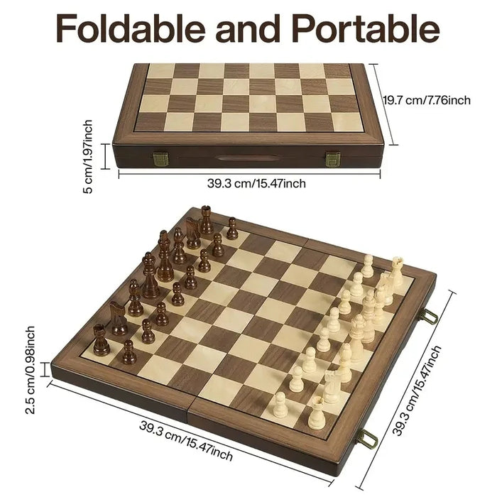 39.3cm (15.47in) Folding Wooden Chess Set with 2 Extra Queens — Portable Tournament Board
