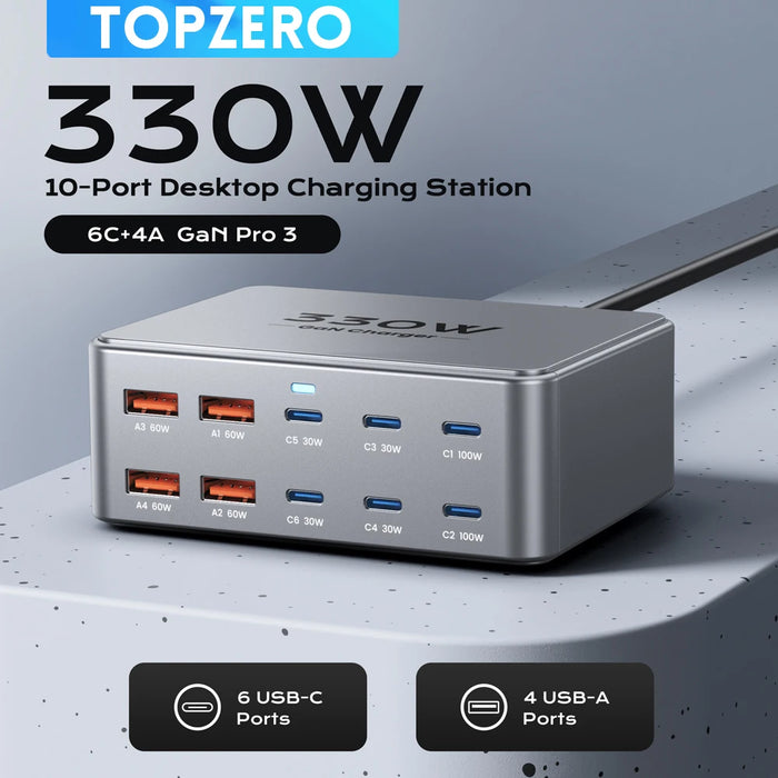 330W GaN 10‑Port USB Charger — 2×100W USB‑C, PD3.0/PPS/QC3.0, for MacBook Pro & iPhone 15/16