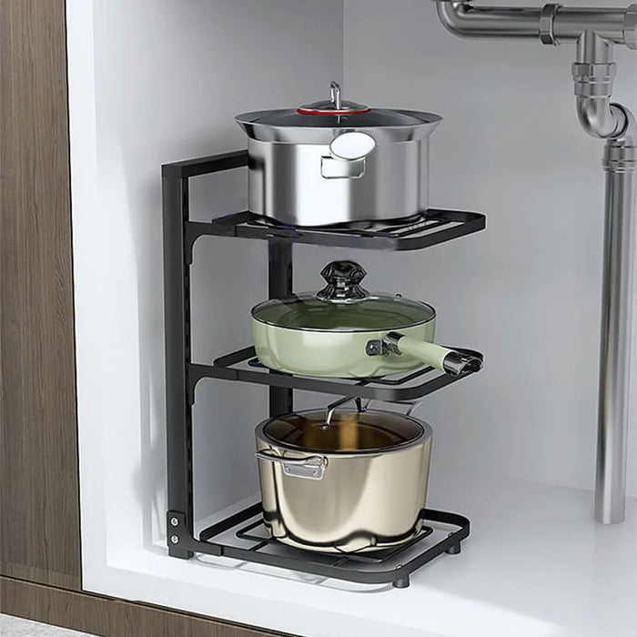 Under-Cabinet Pot & Pan Organiser Rack — Height Adjustable, Heavy-Duty Stainless Steel (3/4/5 Tier, Black)