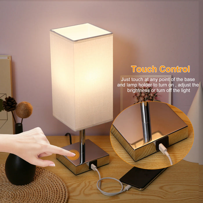 Bedside Table Lamp with Fabric Shade - Warm White LED Bulb, Touch Control, Desk Light, USB A and Type-C Charging Ports - Ideal for Nightstands, Work Desks and Study Areas - Single Lamp