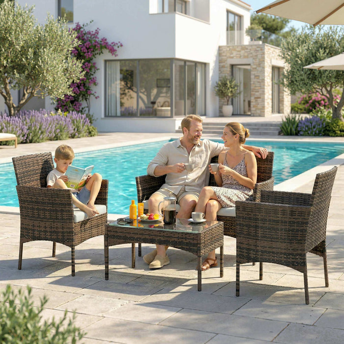 Outsunny 4 Piece Rattan Garden Furniture Sofa Set with Loveseat, Armchairs, Glass-Top Coffee Table and Cushions, Brown