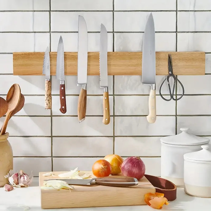Acacia Wood Magnetic Knife Rack – Wall-Mounted Knife Bar (Yellow)