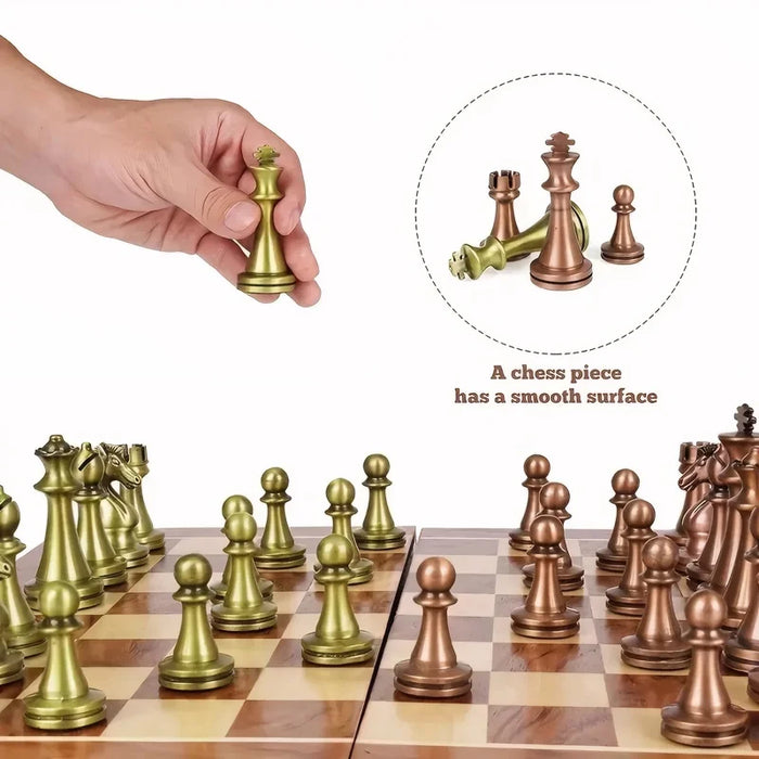 High-end 30cm Antique Bronze Chess Set — Foldable Solid Wood Box & Weighted Alloy Pieces