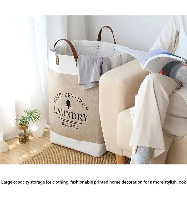 Large Cotton Folding Laundry Basket – Fabric Storage Bin (Off-White)