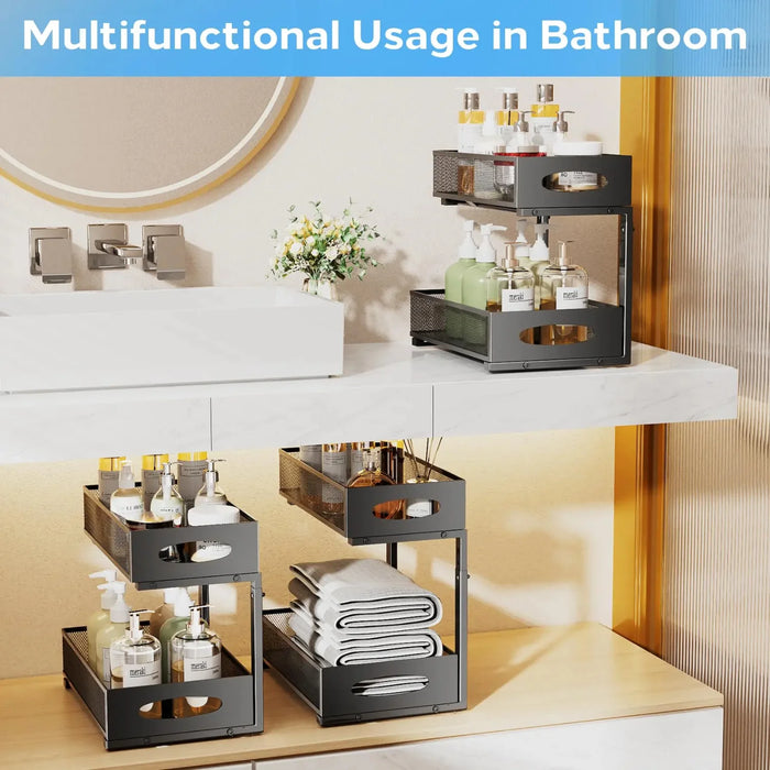 Adjustable 2-Tier Under-Sink Organiser — Metal Pull-Out Storage for Kitchen & Bathroom