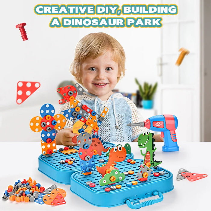 Kids DIY Play Set - Simulation Screw Toolbox with Electric Drill and 2D/3D Assembly Building Blocks Puzzle Toy - Ideal Gift for Enhancing Children's Creative Skills