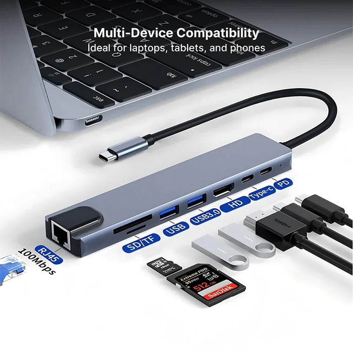 8-in-1 USB-C Hub 3.0 Dock – 4K HDMI, RJ45, PD, SD/TF for MacBook Air M1 & iPad Pro