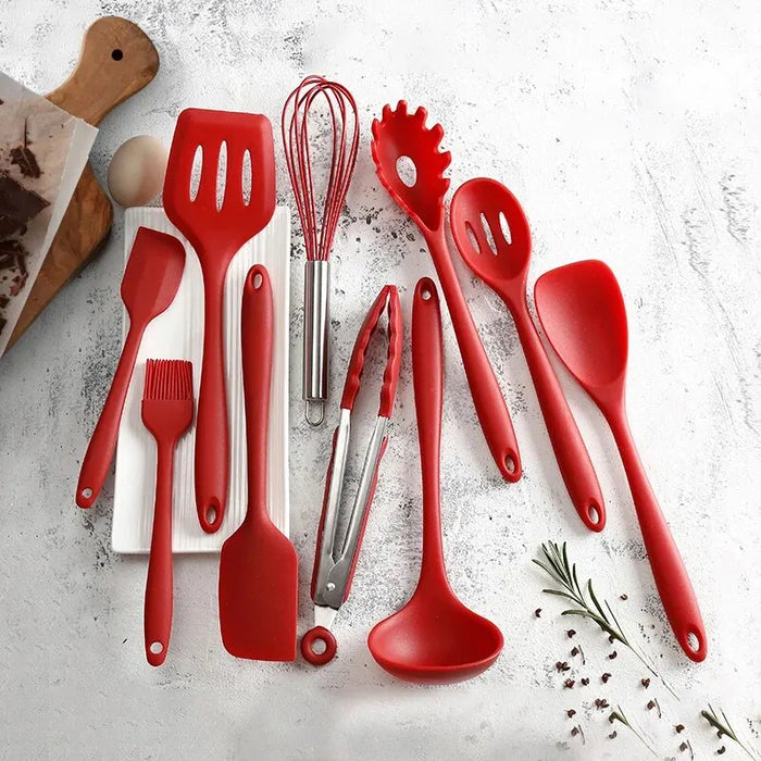 10 Piece Silicone Utensils Cookware Set with Kitchen Cooking and Baking Tools - Ideal for Home Cooks & Baking Enthusiasts