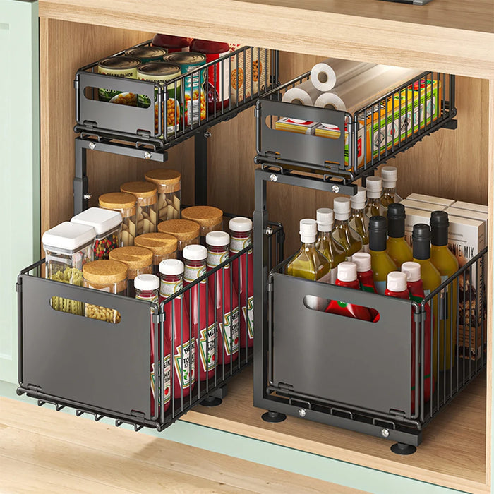 2-Tier Pull-Out Under-Sink Organiser — Adjustable Kitchen Cabinet Rack