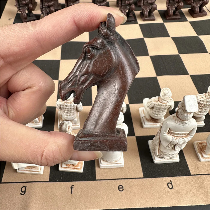 Large 43cm (16.93in) Imitation Terracotta Army Plastic Chess Set with Aged Leather-Effect Board