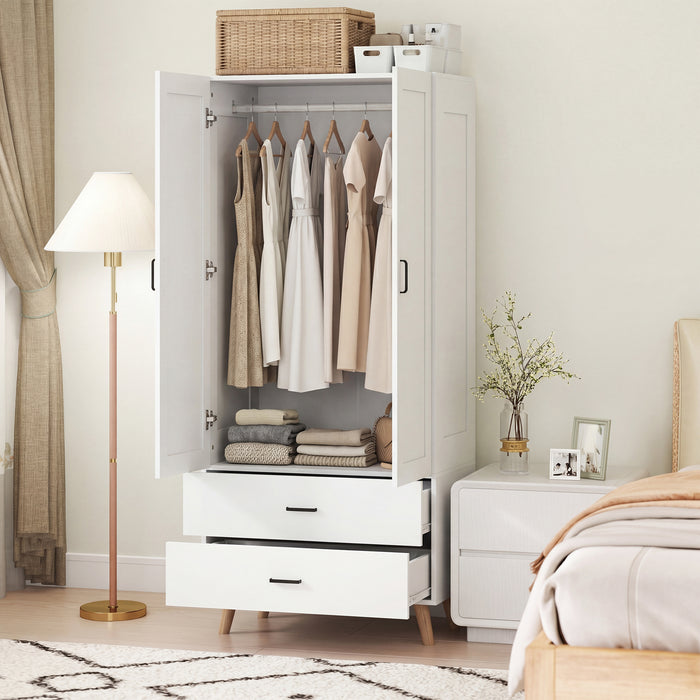 HOMCOM 2-Door Wardrobe, Modern Wardrobe with 2 Drawers and Hanging Rail for Bedroom, White