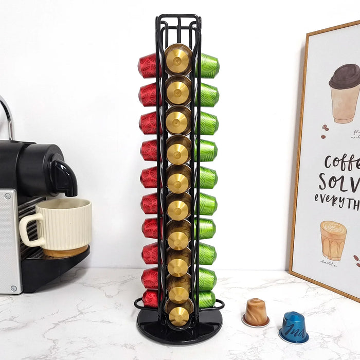 40‑Pod Rotating Coffee Capsule Holder — Metal Stand for Nespresso, Vertuo & Dolce Gusto (Black / Silver / Rose Gold)