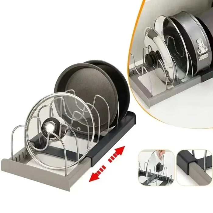 Expandable Pots & Pans Storage Rack for Cabinets — 6 Adjustable Shelves, Pot & Lid Holder
