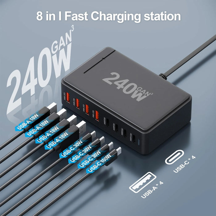 240W 6‑Port GaN PD Charger — 4 Type‑C & 2 USB‑A, Travel USB Tower for iPhone, iPad & MacBook