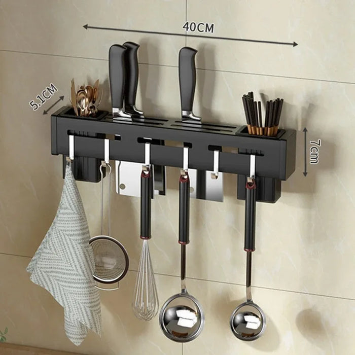 Stainless Steel Wall-Mounted Knife Holder — Nail-Free, Black (30/40/50cm)