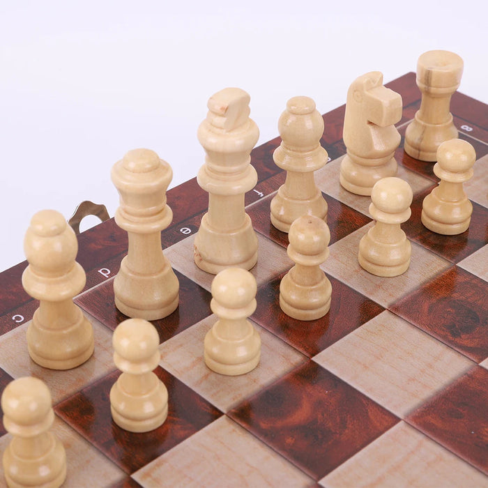 29x29cm Foldable 3‑in‑1 Wooden Chess, Checkers & Backgammon Board
