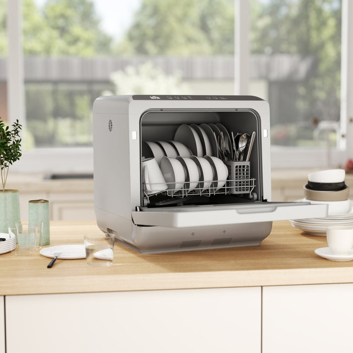 HOMCOM Tabletop Dishwasher, Mini Countertop Dishwasher with 4 Place Settings, 6 Programs, 6L Water Tank, Touch Control, LED Display, Delay Start, Dual Water Supply and Fruit Wash Mode, Silver Tone
